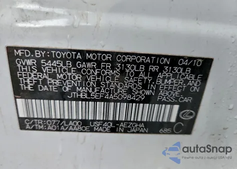 2010 Lexus Ls 460 z USA, uszkodzony, nr VIN JTHBL5EF4A5098429